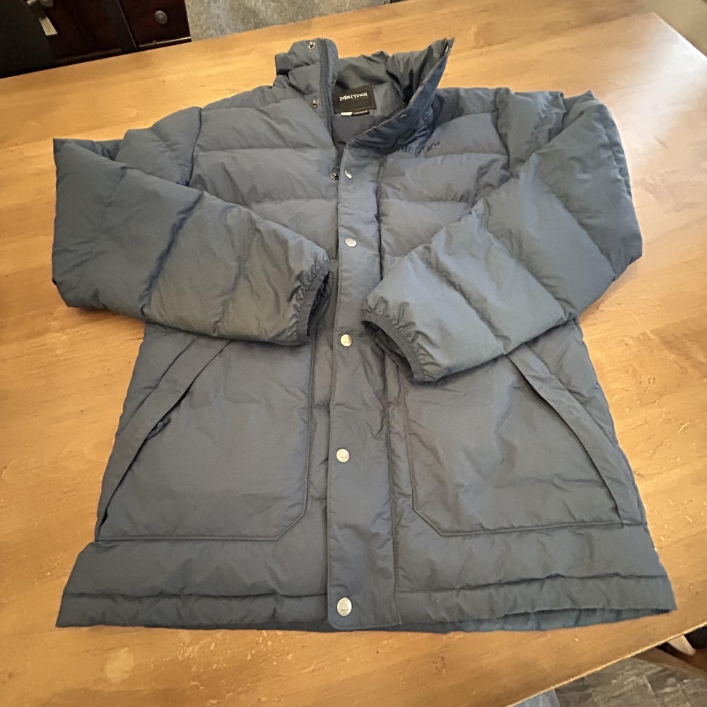 Marmot Jacket Mens Small Blue 700 Fill Down Puffer Insulated Zip Snap *Repair*